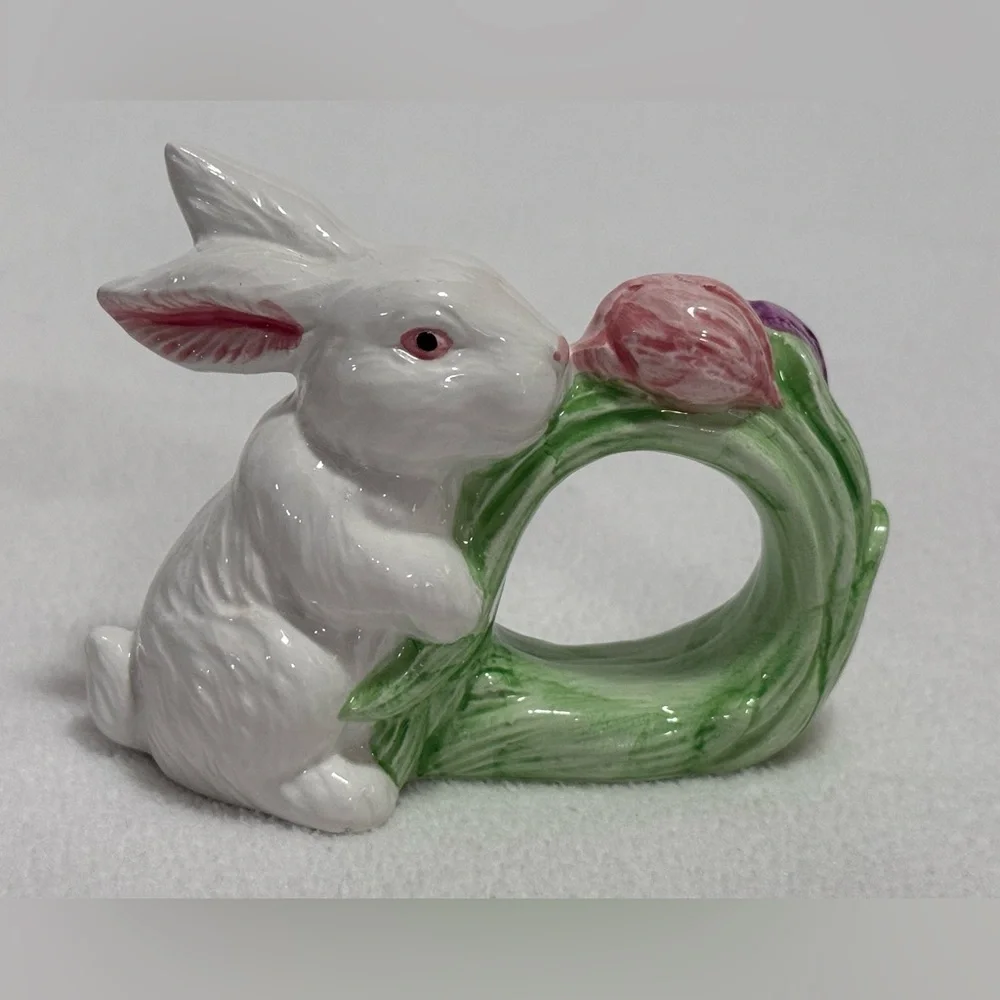 White Ceramic Bunny Napkin Rings with Pastel Tulip Wreath - Set of 6